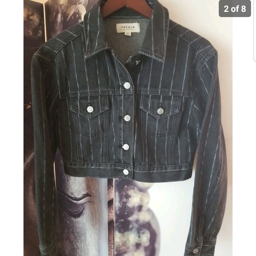 PacSun Women's Charcoal‎ Striped Button Front Denim Cropped Jacket Size XS/S